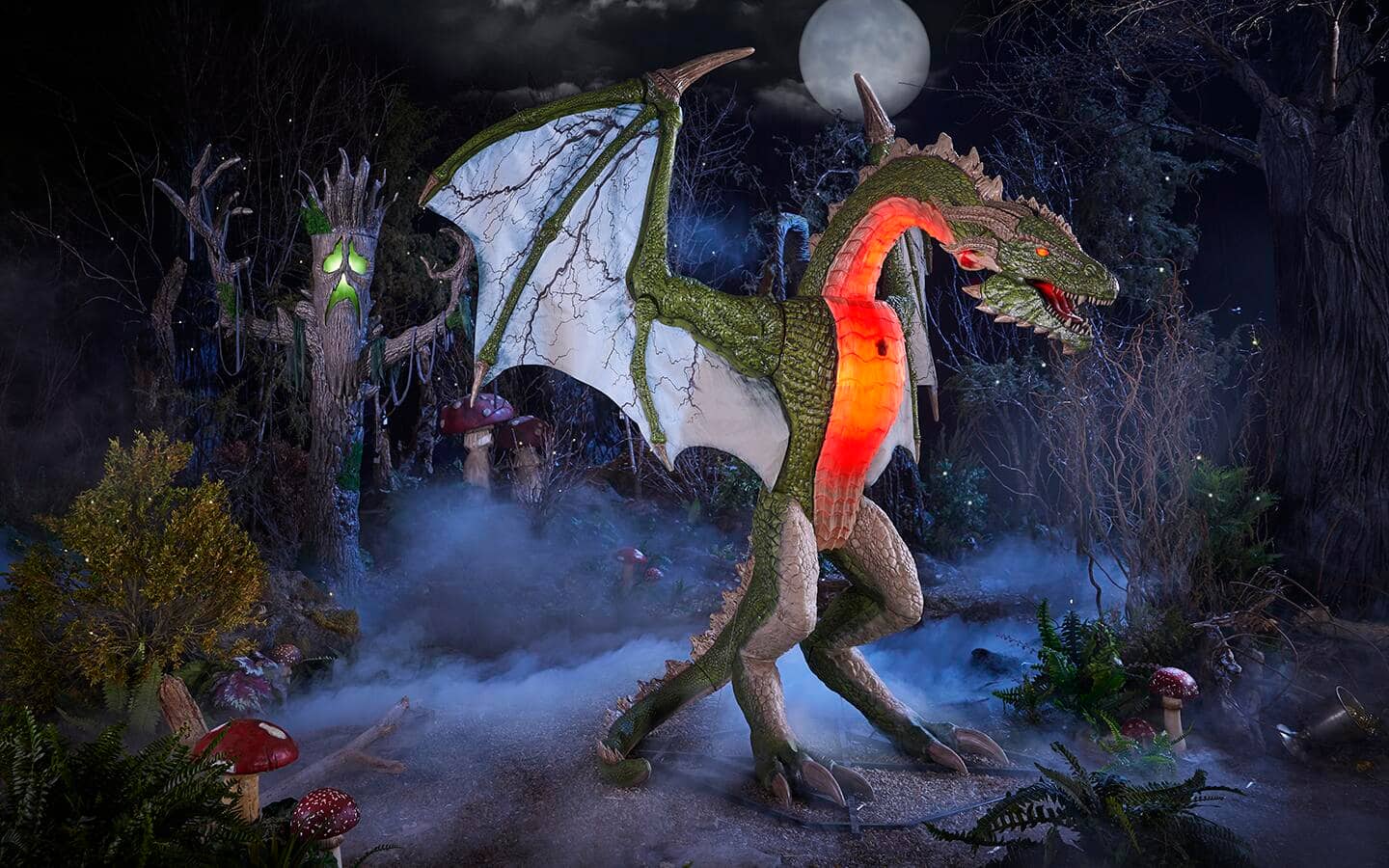 Giant Halloween figures, including a haunted tree and a wyvern. Giant Halloween figures, including a haunted tree and a wyvern.