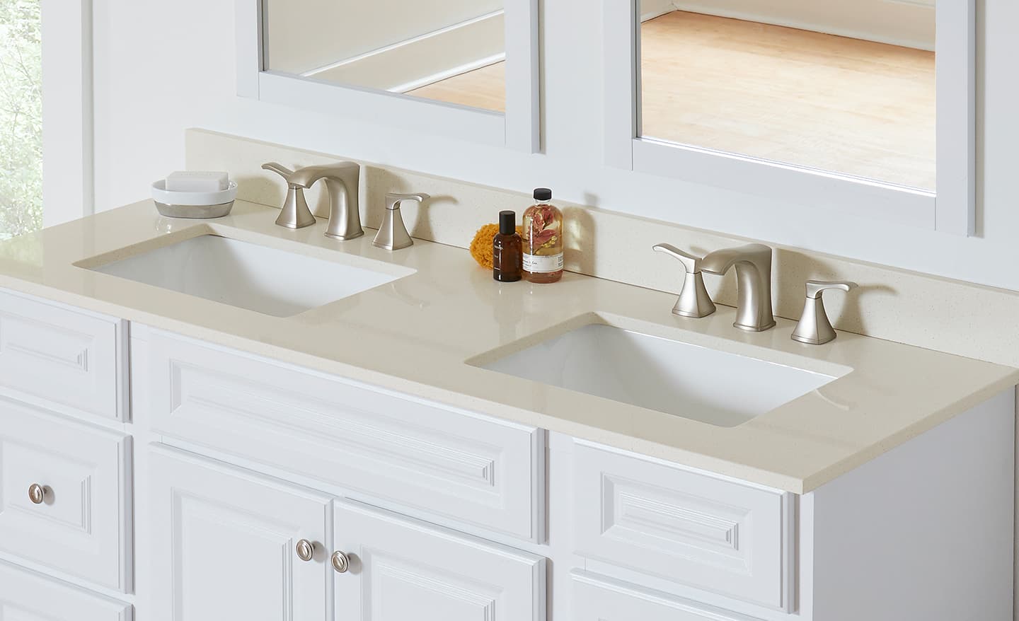Engineered quartz bathroom vanity countertop with double sinks