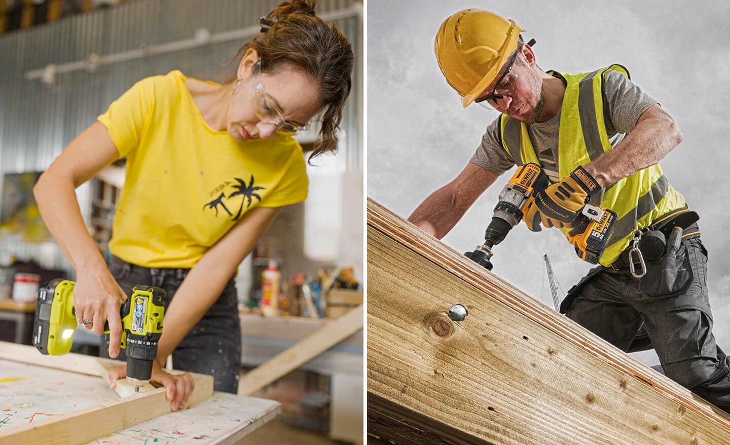 A side by side image of a woman using a light duty drill next to a man on a construction site using a heavy duty drill.