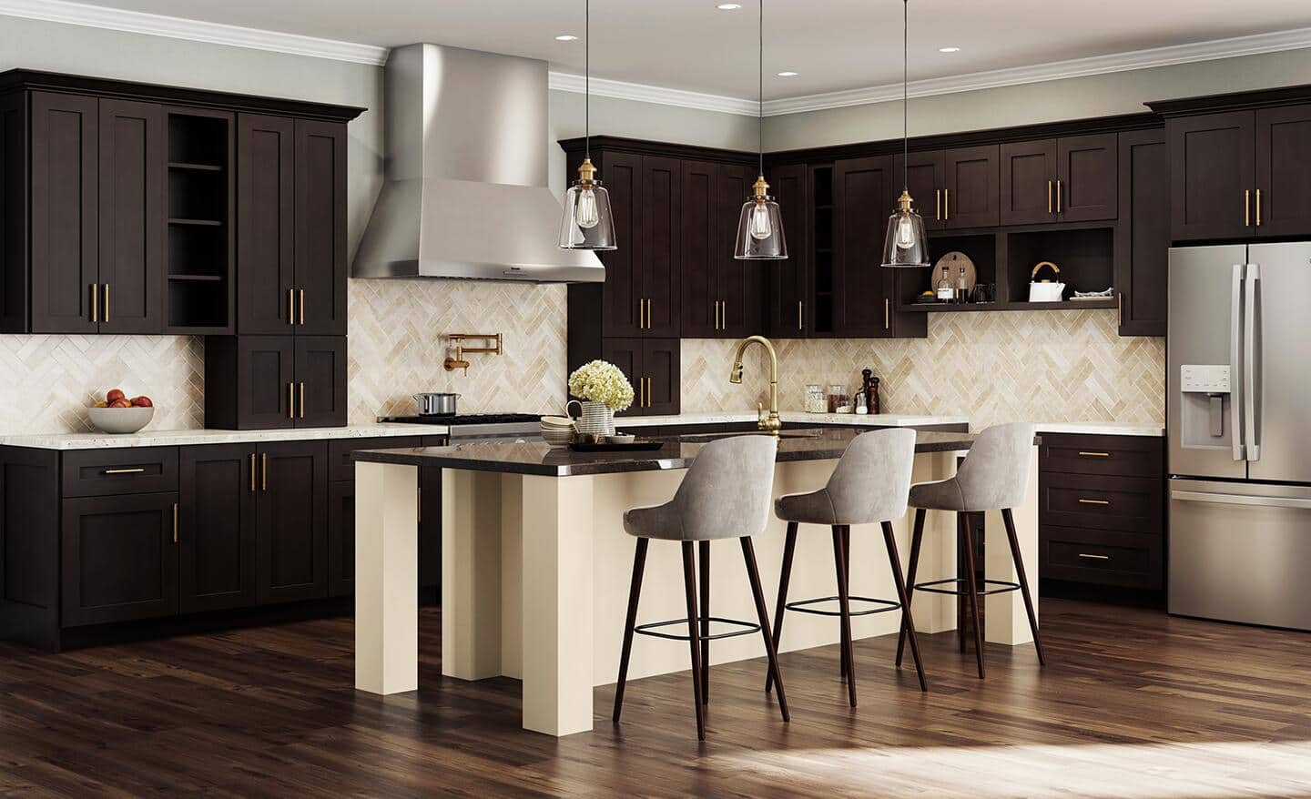A kitchen featuring modern cabinetry with a dark stained finish.