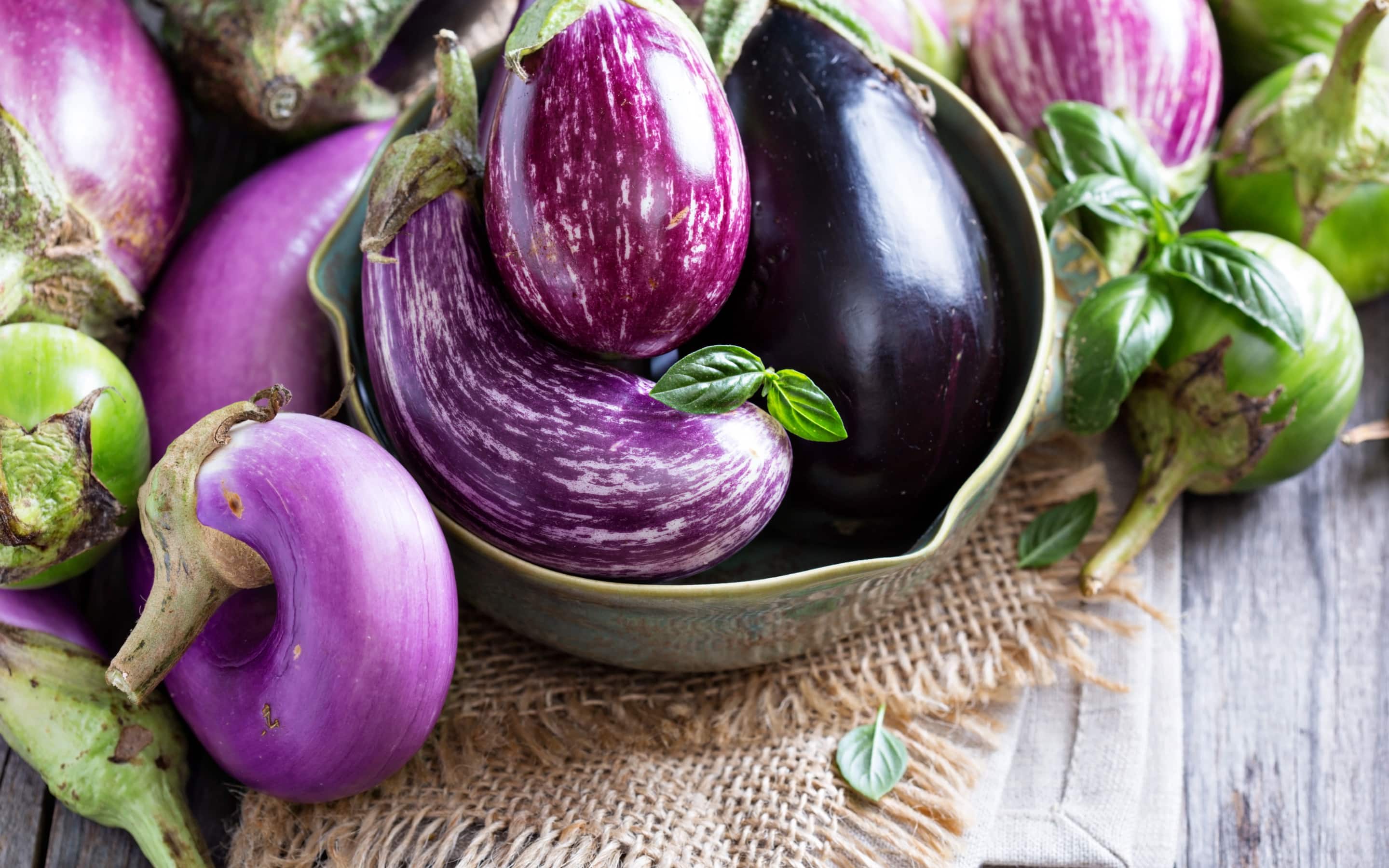 Ripe purple eggplant in a bowl
