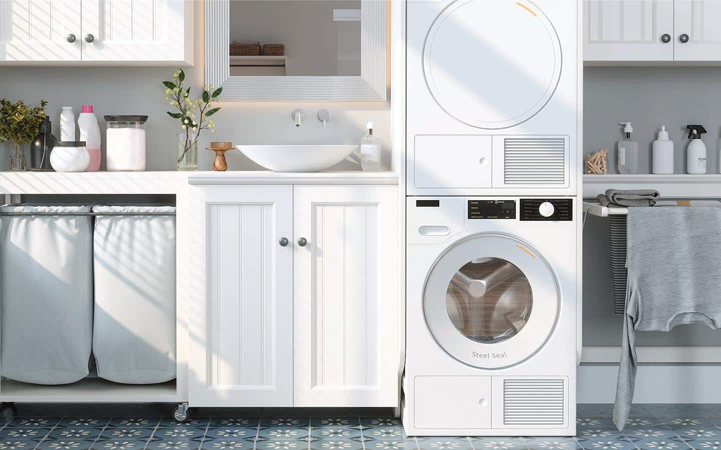 A white stacked washer and dryer installed in a laundry room. A white stacked washer and dryer installed in a laundry room.