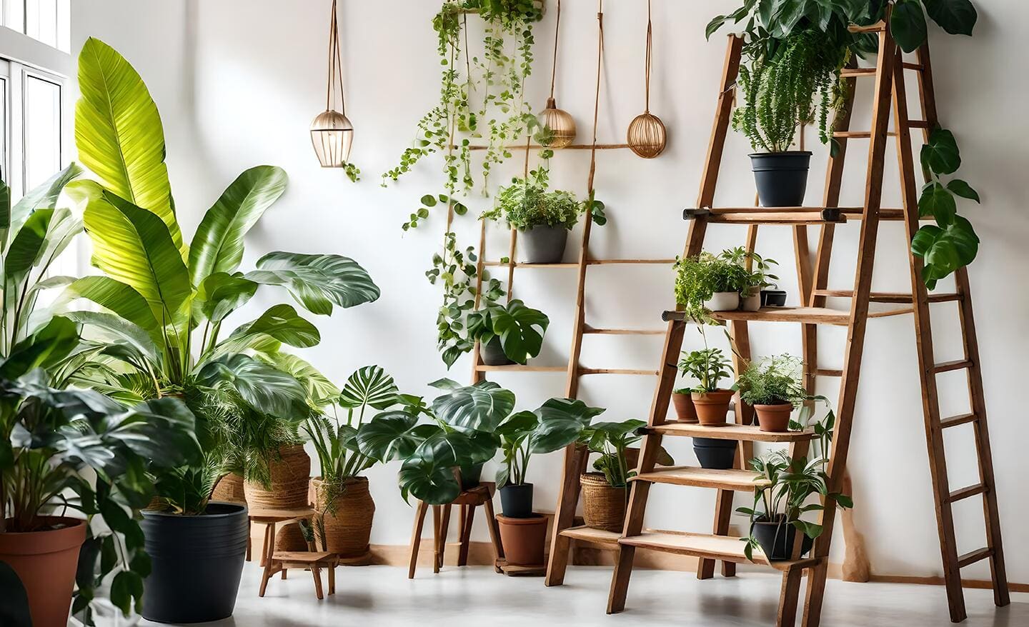 A room filled with houseplants on shelves