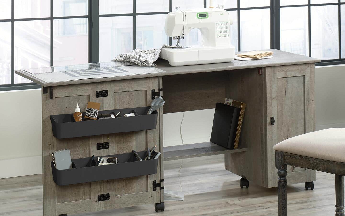 Office desk on wheels with crafting supplies Office desk on wheels with crafting supplies