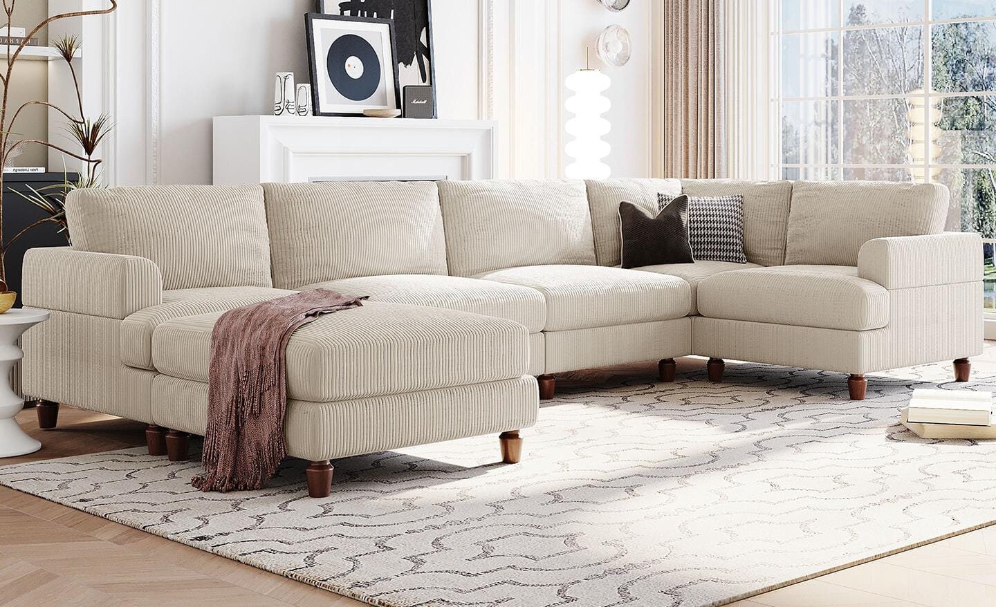 A comfy sectional placed in a living room.