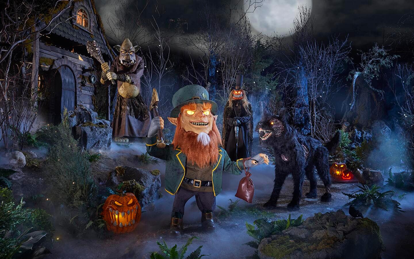 Outdoor courtyard figures, including an evil leprechaun and a rampaging ogre. Outdoor courtyard figures, including an evil leprechaun and a rampaging ogre.