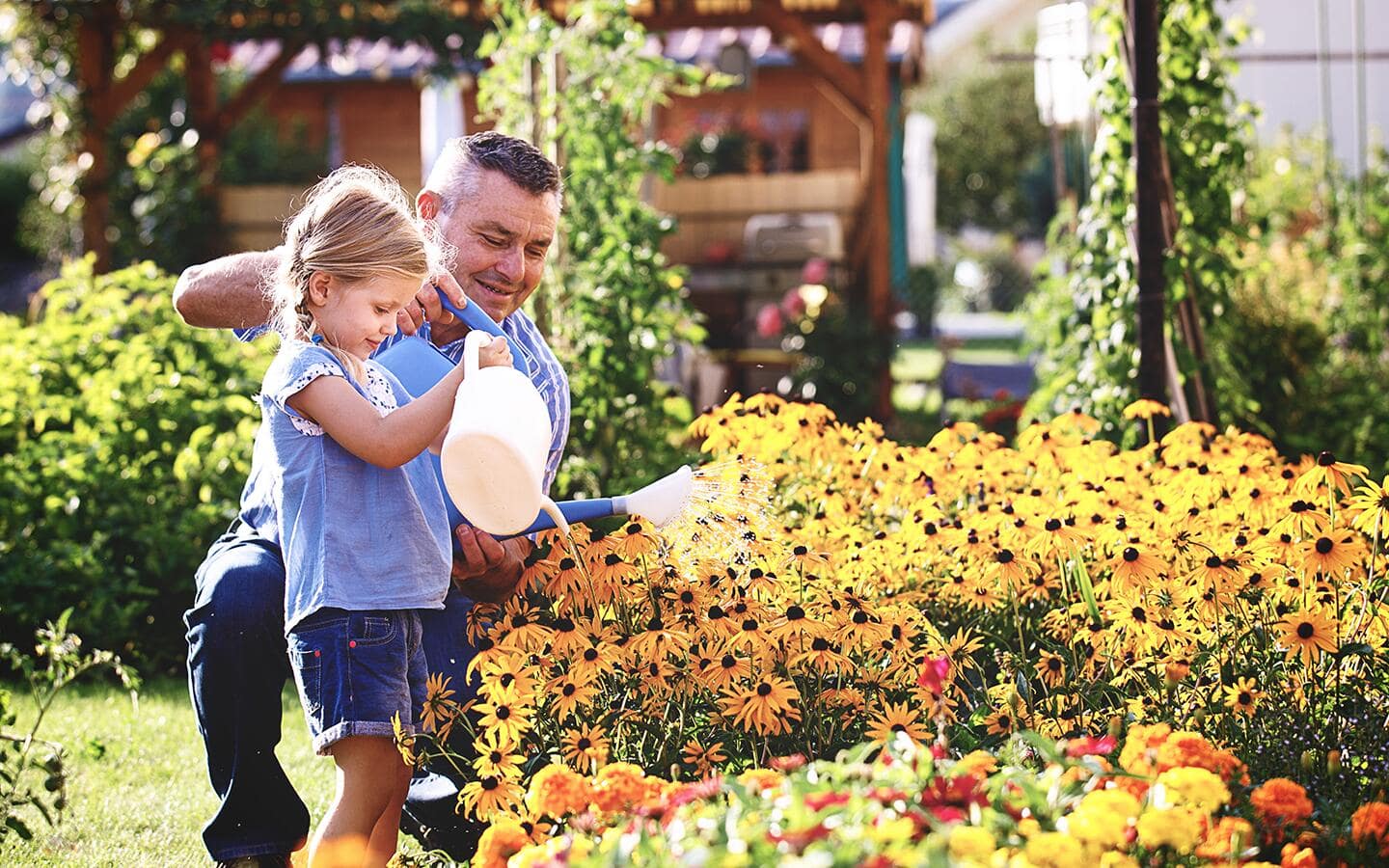 A little girl and a man water a summer garden. A little girl and a man water a summer garden.