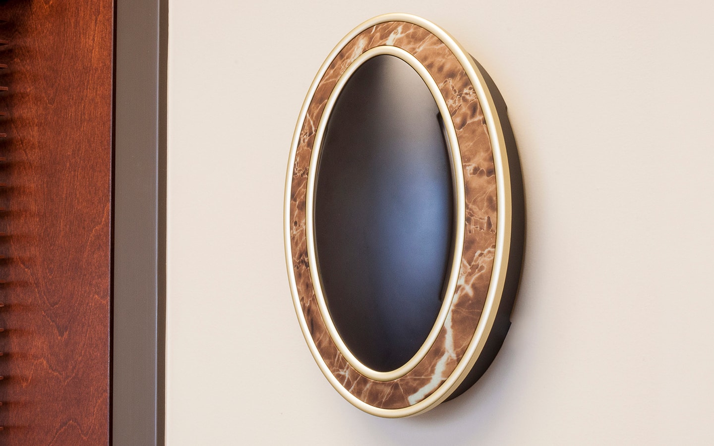 A unique doorbell with a gold, tortoise shell-patterned cover. A unique doorbell with a gold, tortoise shell-patterned cover.