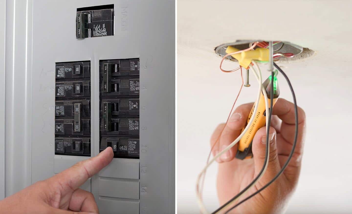 Left image: A person turns off a switch at an electrical service panel. Right image: A person uses a voltage tester on the wires coming from the ceiling.