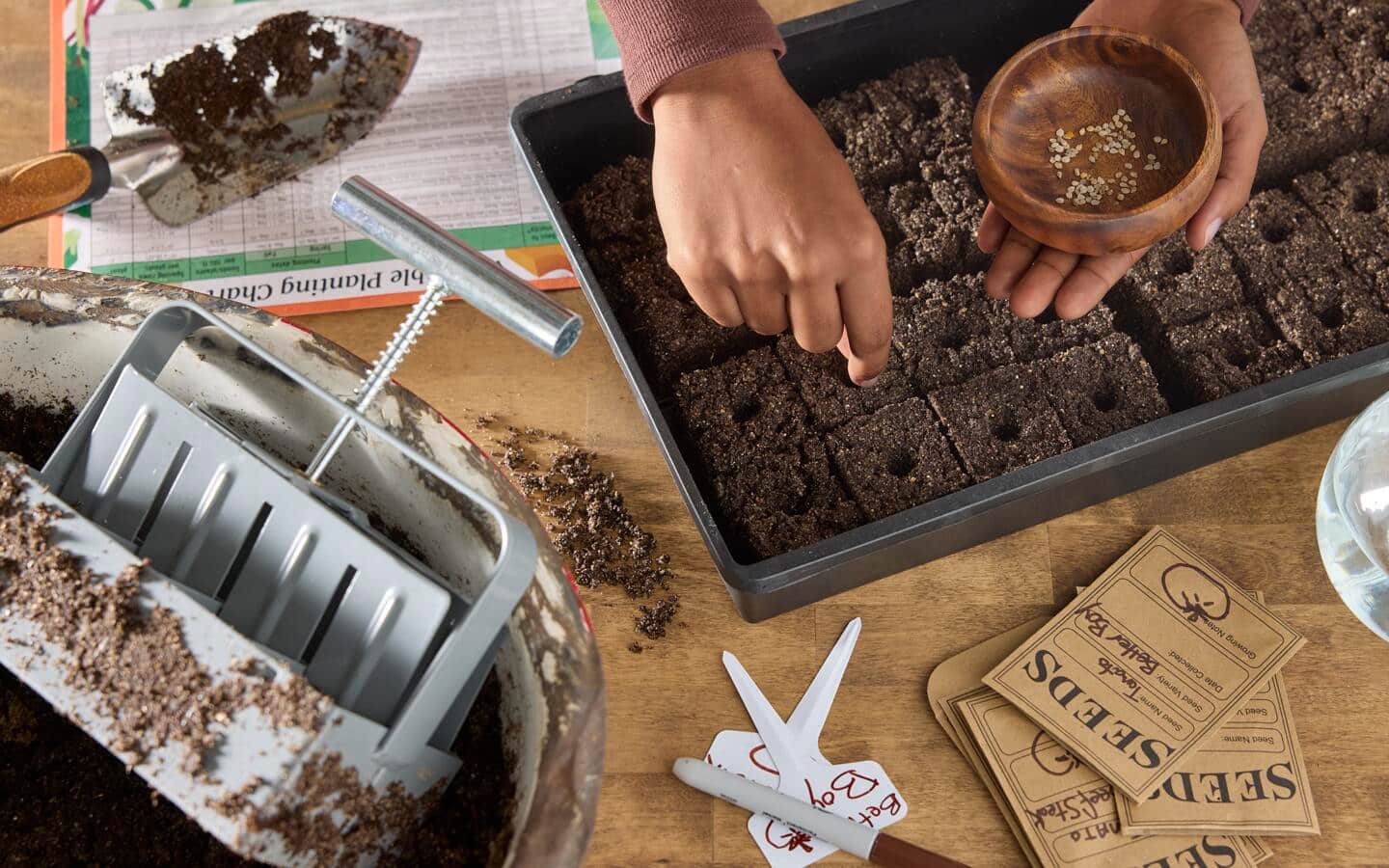 Person drops seeds into soil blocks set in a tray on a table with seed starting supplies like a soil block maker, seed packets, tools and plant markers