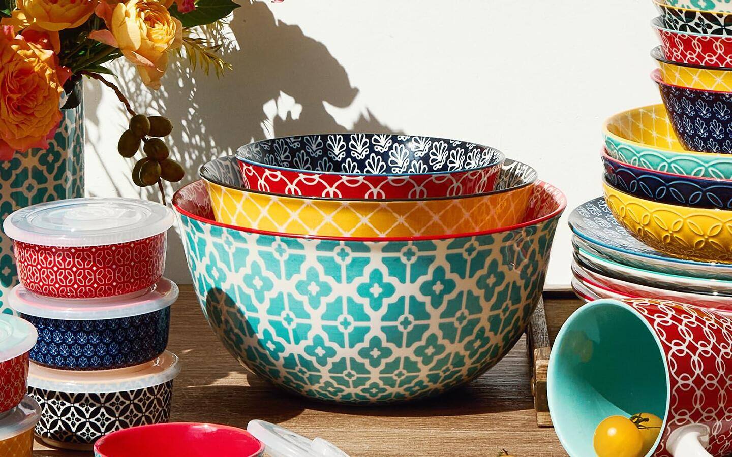 Colorful mixing bowls in different sizes stacked around one another.