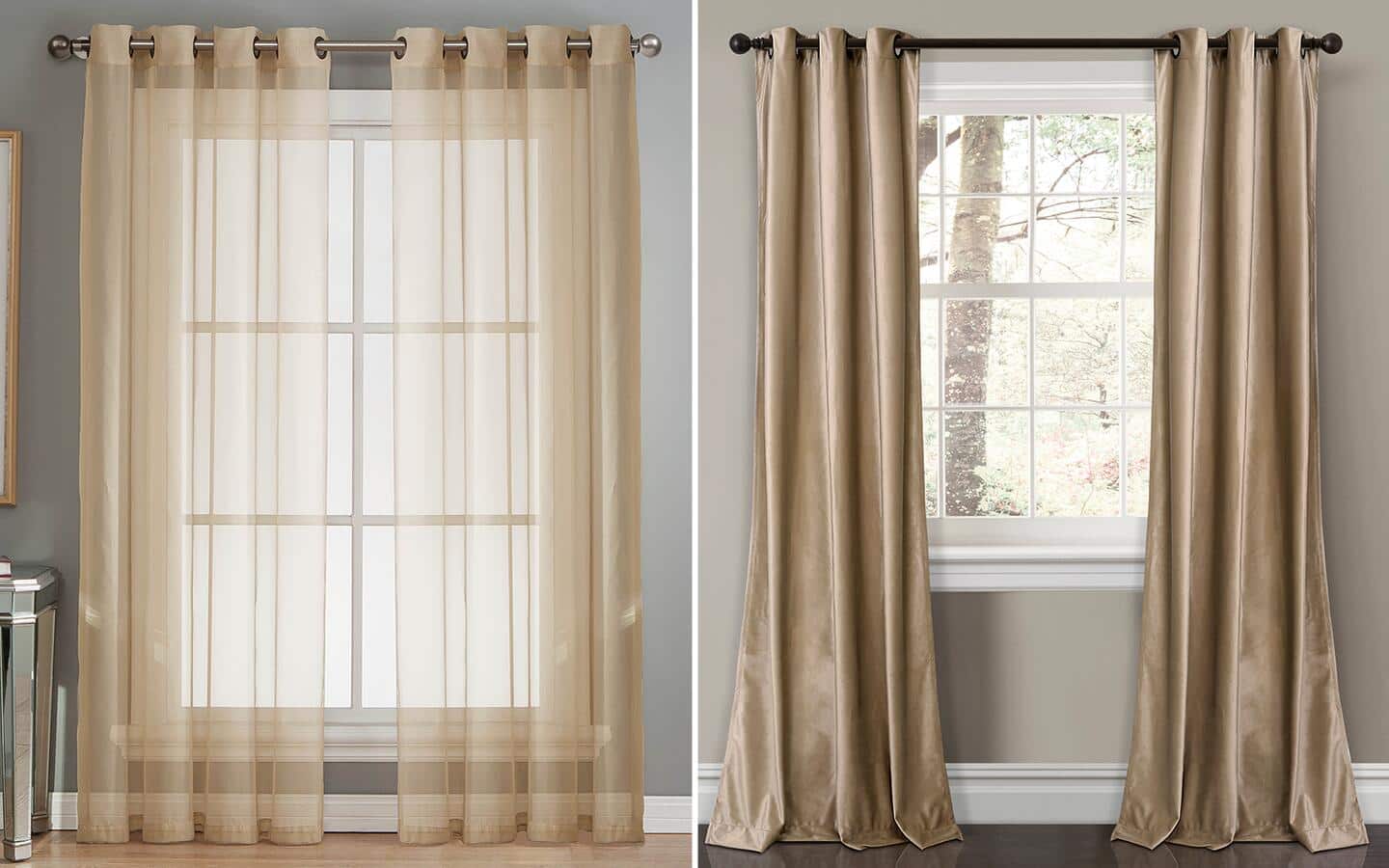 A side-by-side comparison of sheer and non-sheer beige curtains. A side-by-side comparison of sheer and non-sheer beige curtains.