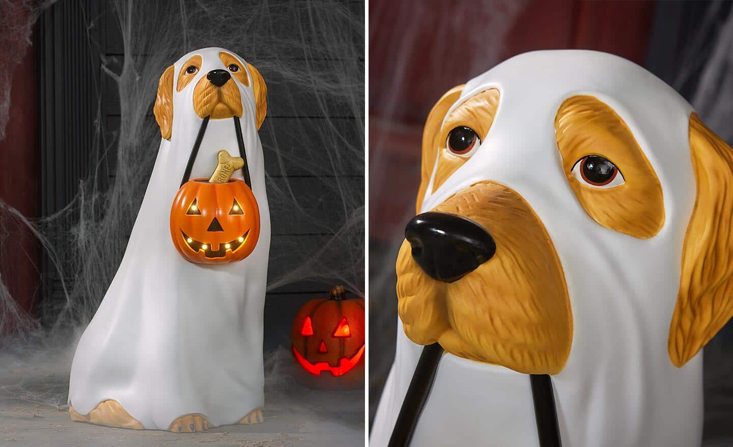 An adorable retriever statue dressed in a homemade ghost costume trick or treats on a decorated porch.