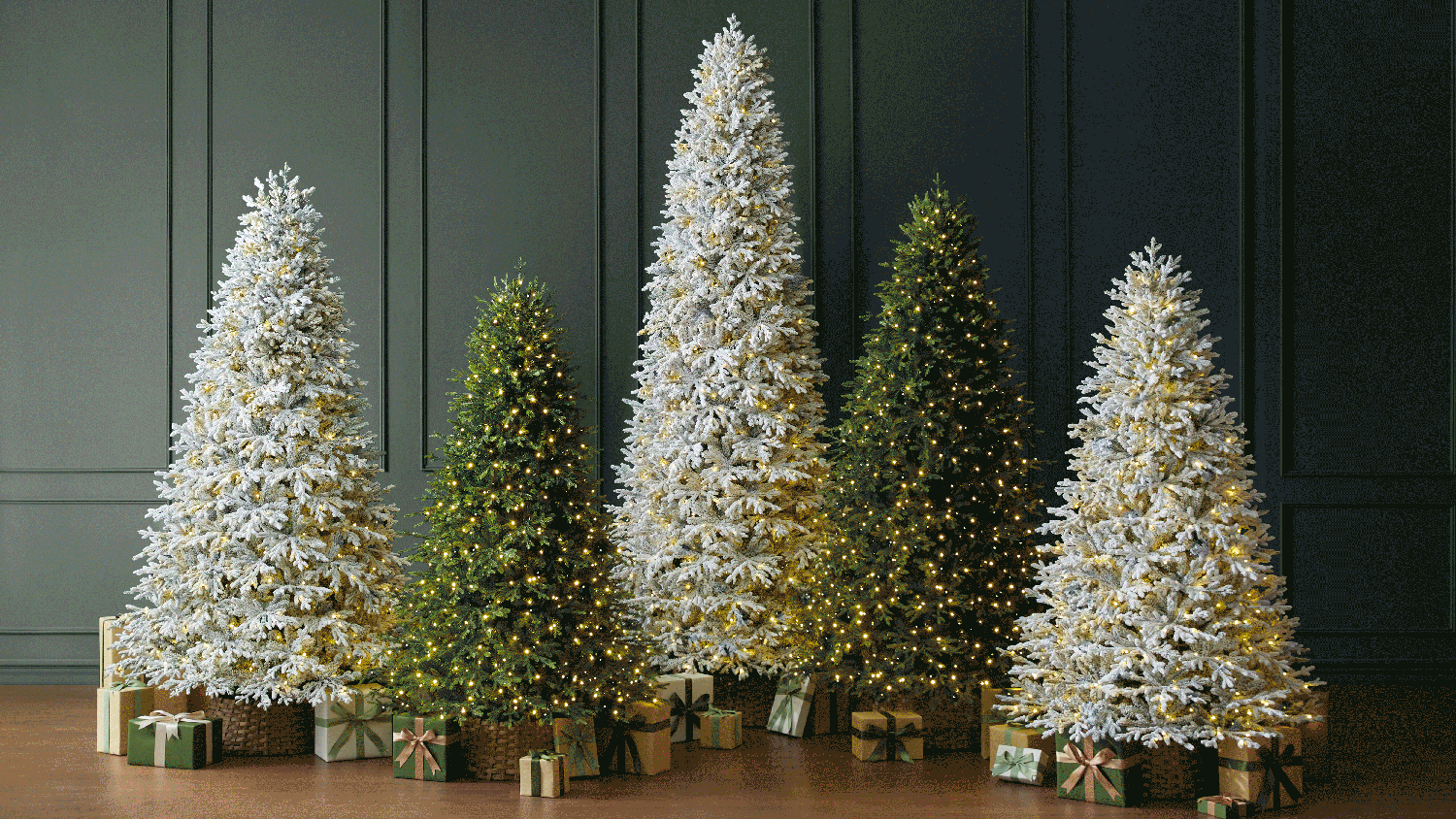 a group of trees with lights