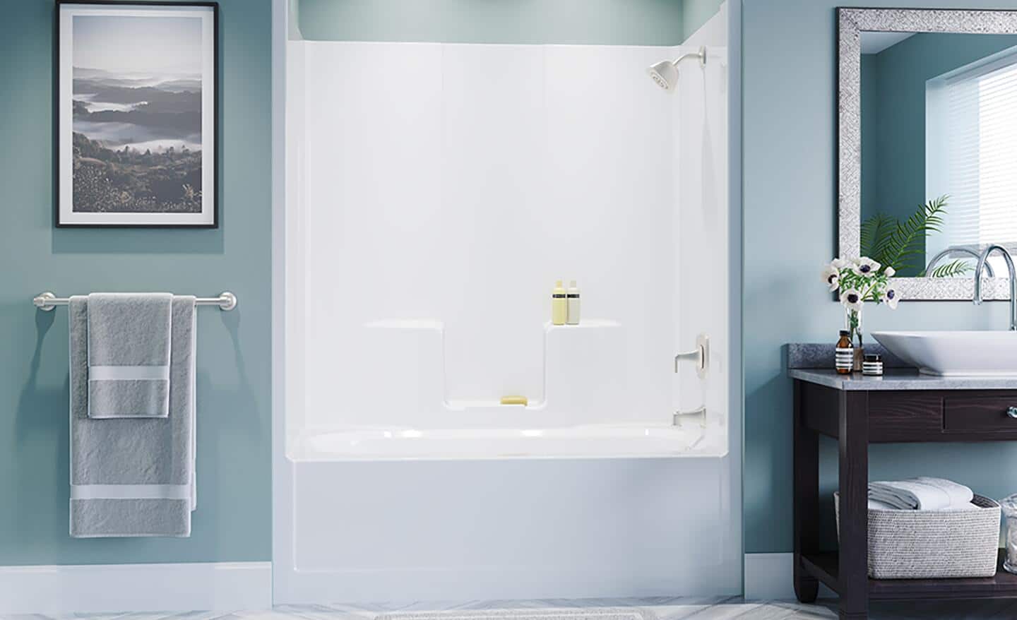  A tub and shower combination installed in a small bath.