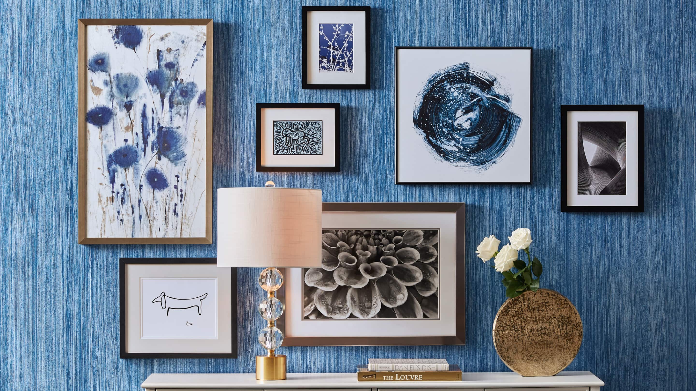 Blue raw silk faux paint finish on a gallery wall behind a white credenza. Blue raw silk faux paint finish on a gallery wall behind a white credenza.