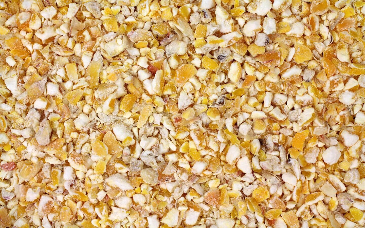 Close up of a pile of cracked corn.