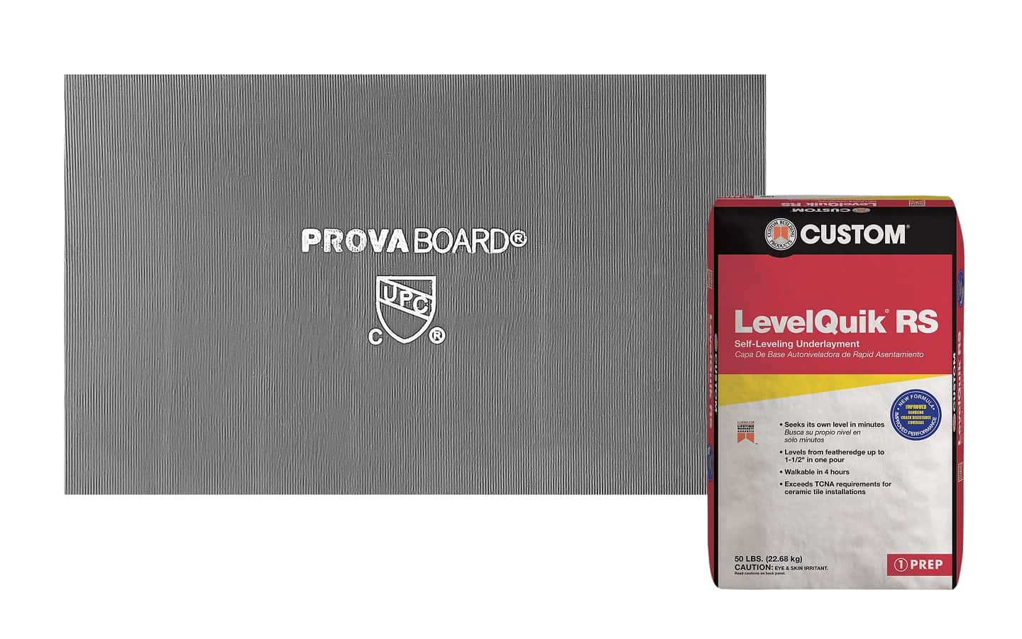  A side-by-side product image of backer board and self-leveler.