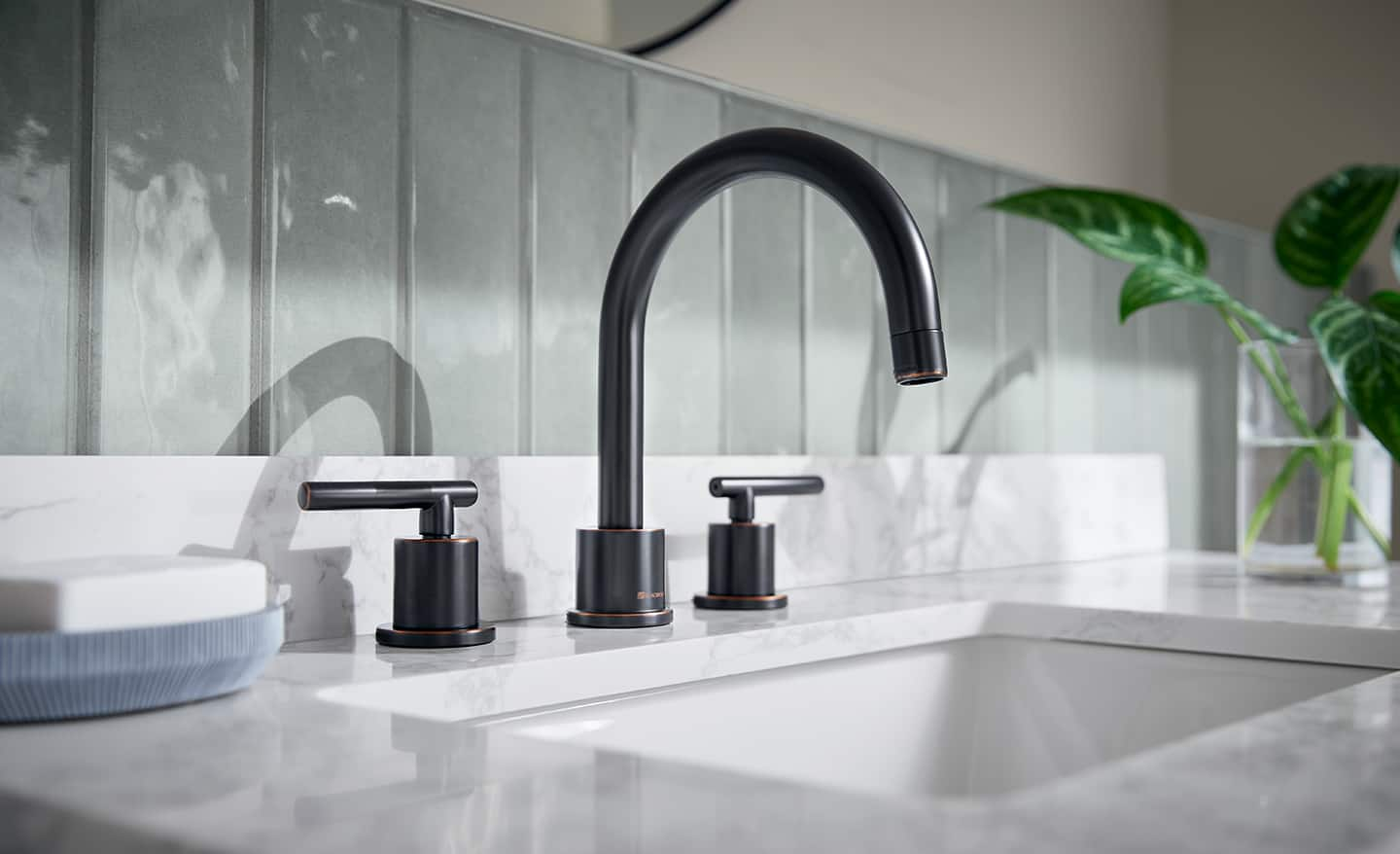 An under-mount style bathroom vanity sink. 