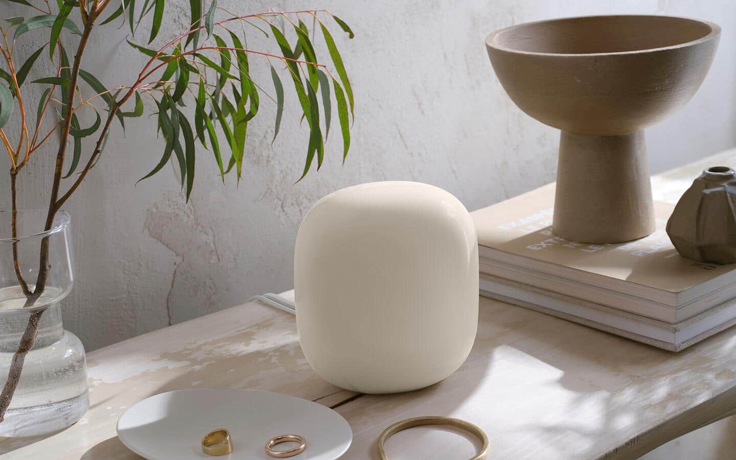 A white smart hub on a shelf near a plate with rings and a potted plant. A white smart hub on a shelf near a plate with rings and a potted plant.