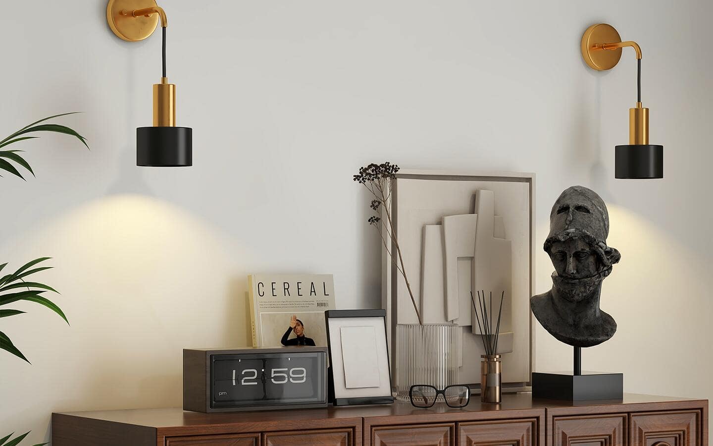 Decorative wall sconces above a hallway table Decorative wall sconces above a hallway table