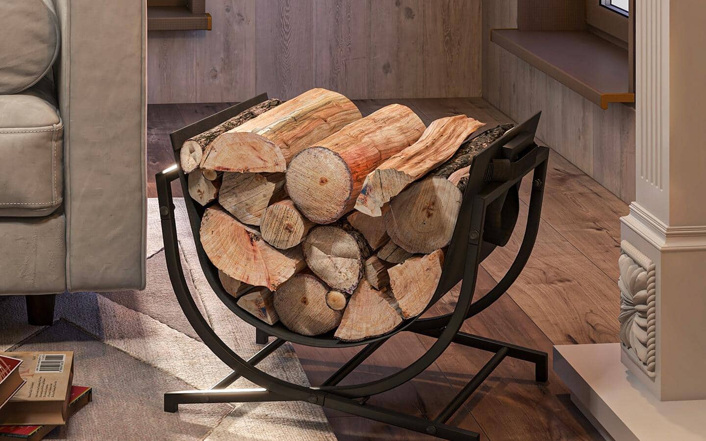 Logs in a firewood rack by a fireplace hearth