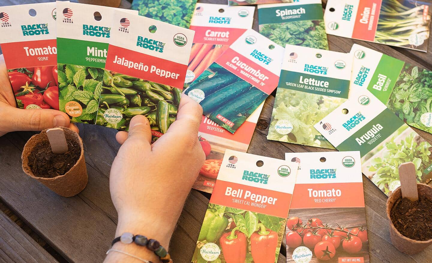 Gardener selecting vegetable seeds from an array of seed packets