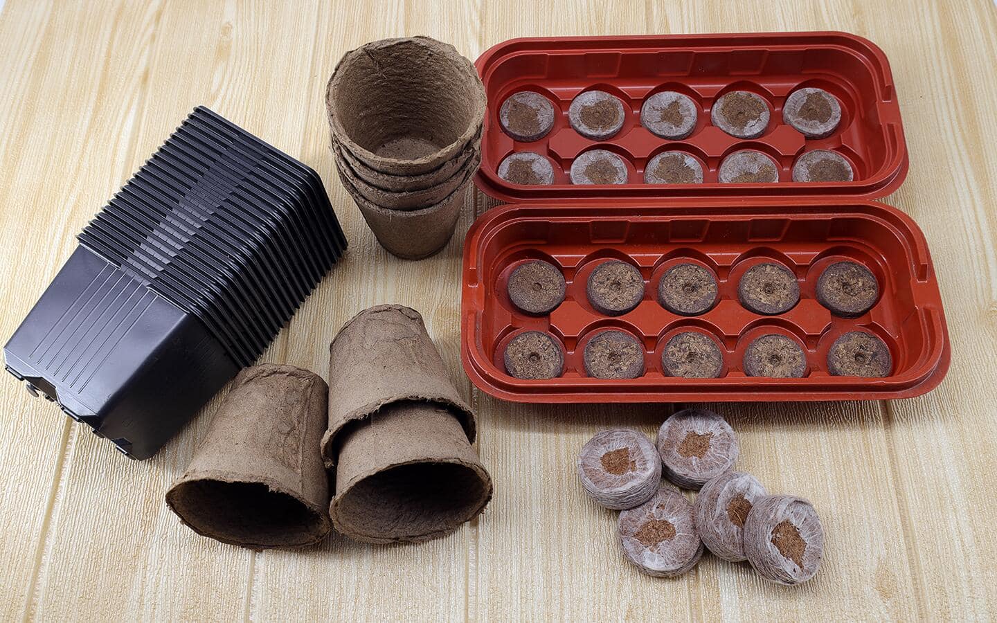 A seed starting kit with peat pellets in a tray and small pots for transplanting. A seed starting kit with peat pellets in a tray and small pots for transplanting.