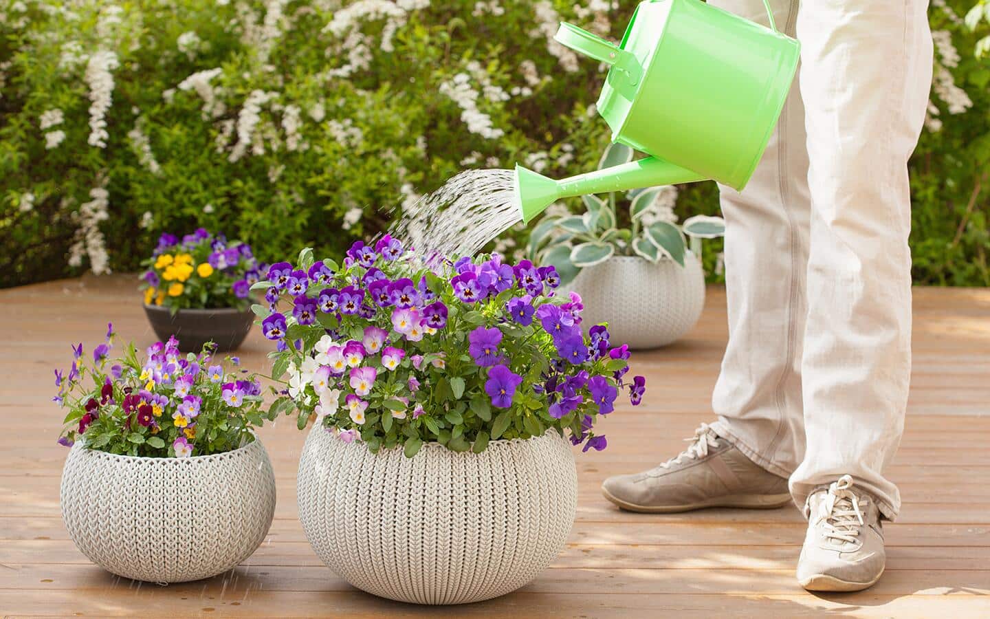 A person watering flowers in various containers, including those with crocheted covers. 