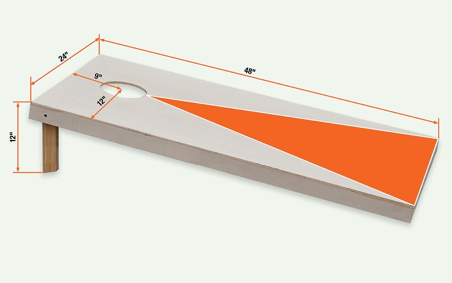 A diagram of a cornhole game board showing measurements. A diagram of a cornhole game board showing measurements.
