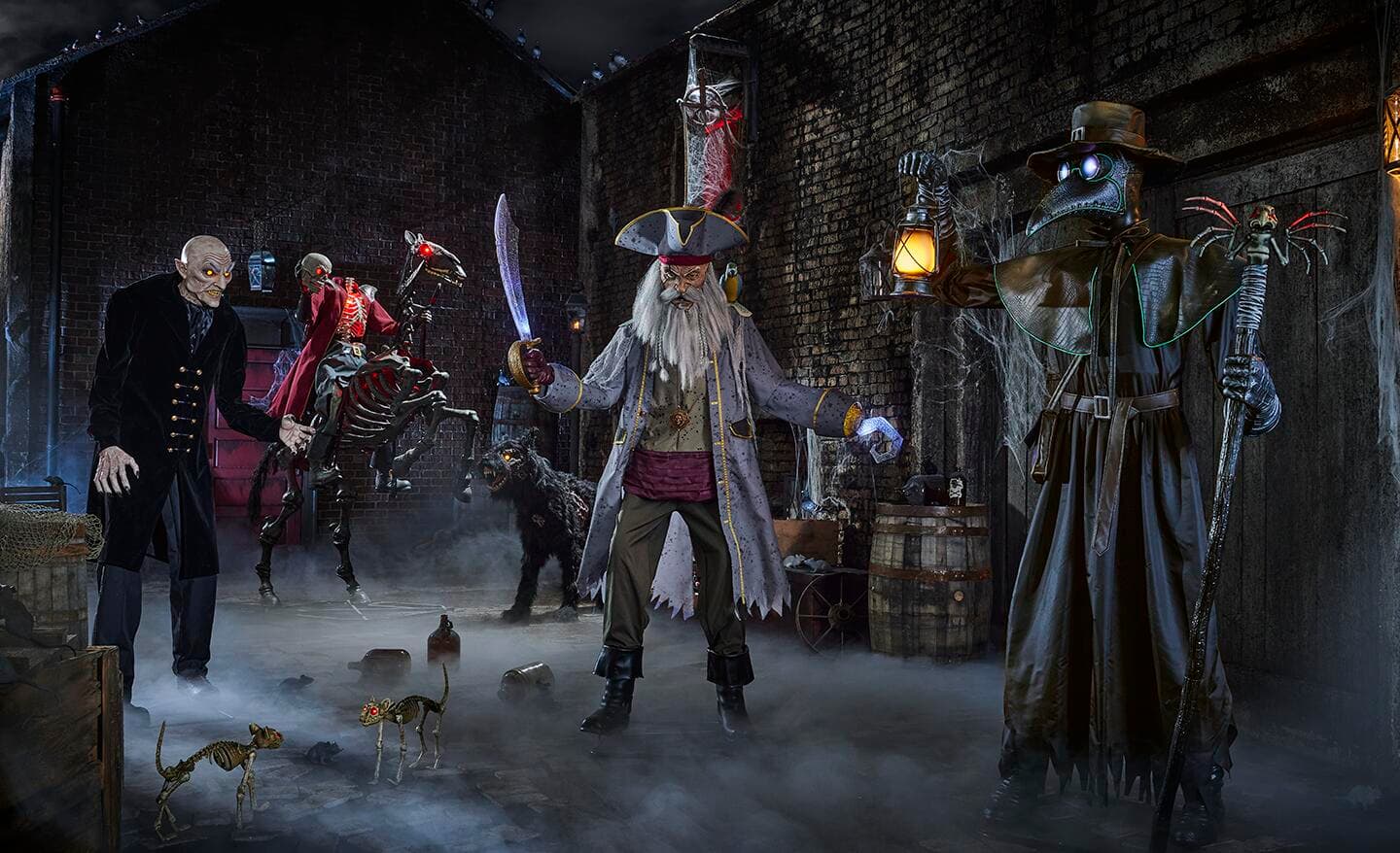 A plague doctor figure with glowing eyes mingles with a pirate and other creatures in a yard decorated for Halloween.