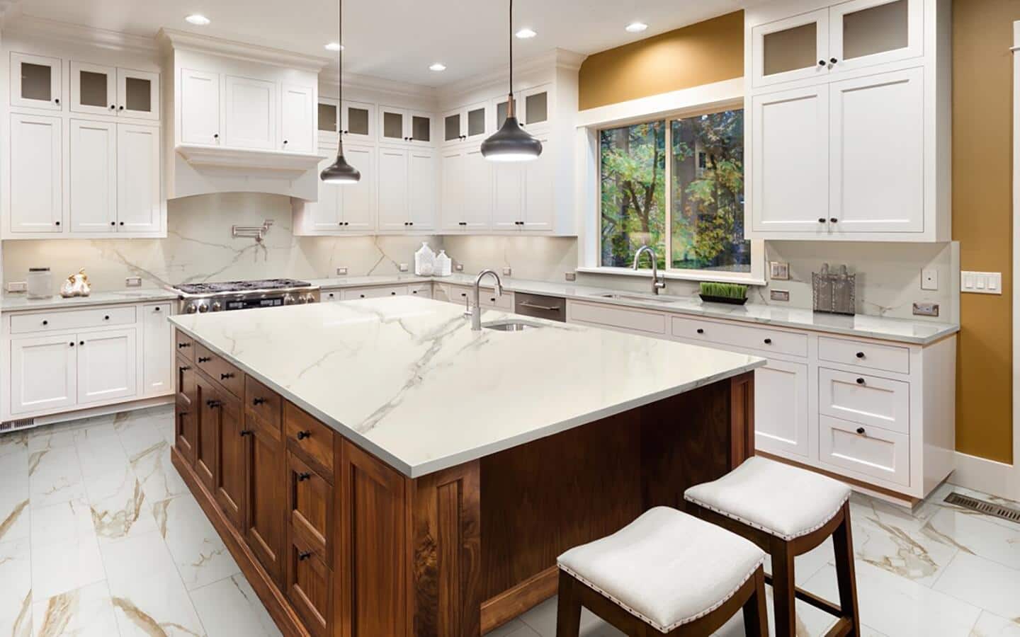 White porcelain countertops in a farmhouse style kitchen