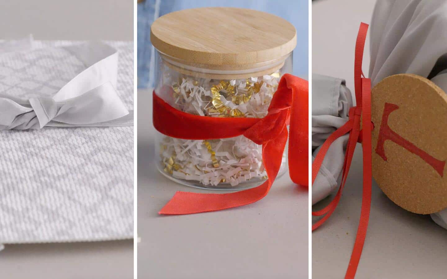 Gifts wrapped in various ways, including a DIY pouch, glass canister and gray pillowcase.