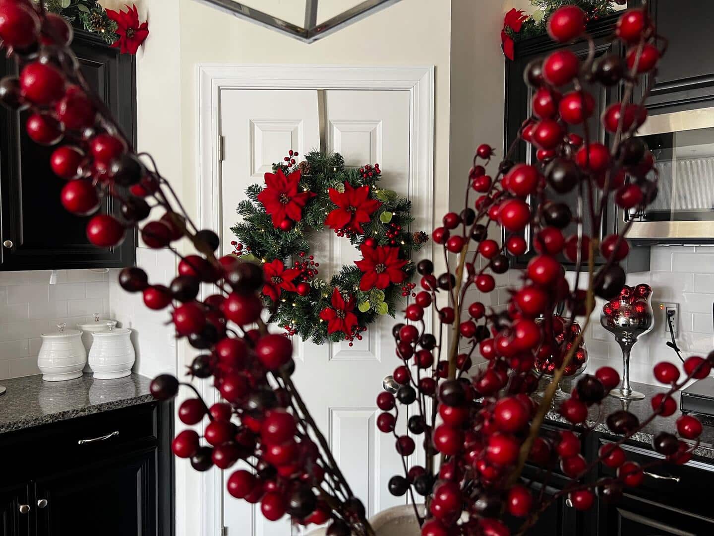 Close-up of the holiday decorations in the kitchen space.