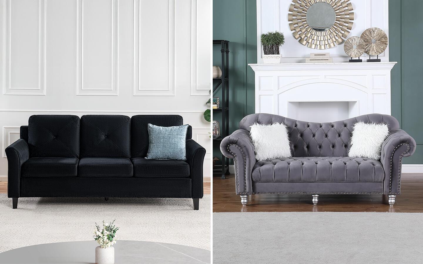 Dual image with black couch on left and gray sofa on right. Dual image with black couch on left and gray sofa on right.
