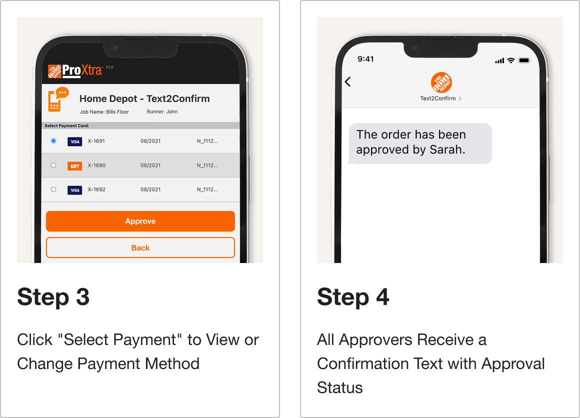 Step 3: Click "Select Payment" to View or Change Payment Method. Step 4: All Approvers Receive a Confirmation Text with Approval Status.