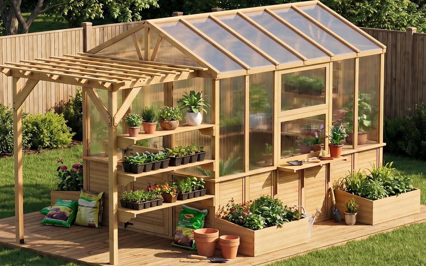 A hobby greenhouse made of wood with exterior shelves under a pergola and raised garden beds on the exterior
